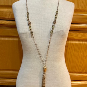 Vintage 38” Long Handcrafted Boho Silver 925 Plated Signed M&G Necklace with Quartz Gemstones and Dangling Tassels