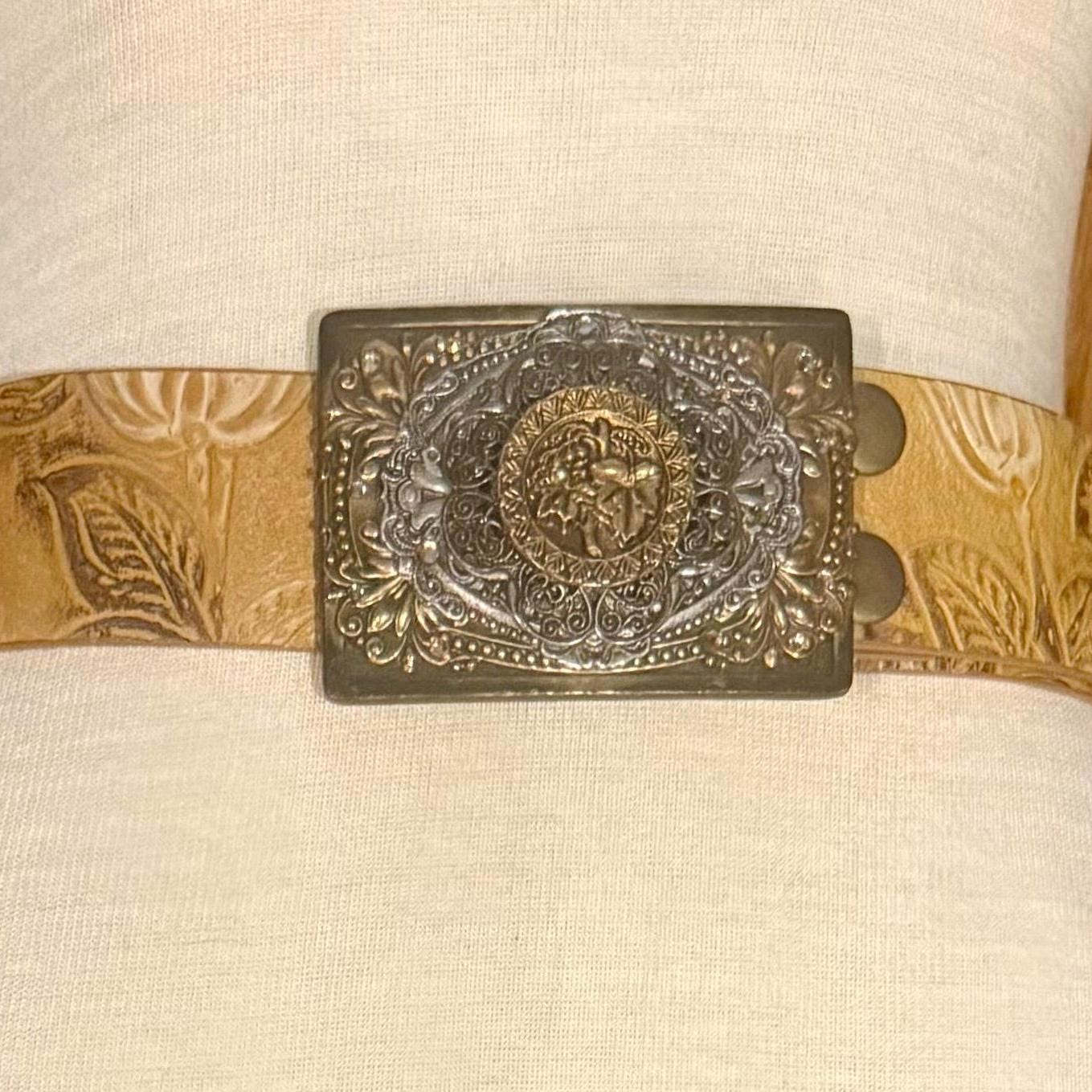 Vintage 90s Rhinestone Belt: Floral Tooled Leather, Ornate 