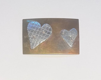 Vintage Sterling Silver and Brass Double Heart Brooch Pin Signed