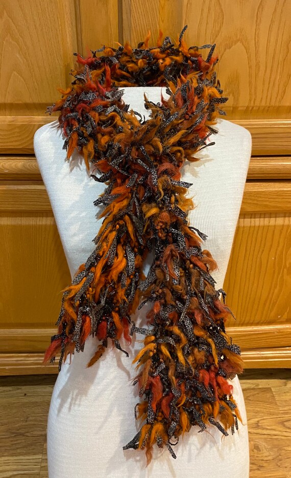 Vintage Hand Knit Coppery Orange Boho Long Loopy M