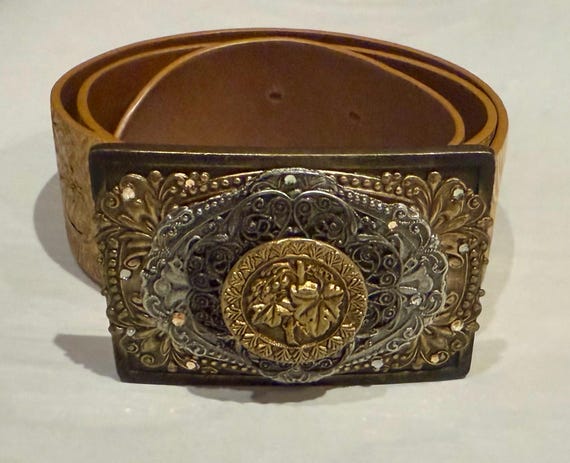 ? Vintage Unisex Genuine Leather Belt with Ornate Buckle Western Antique Silver Floral Engraved Buckle Genuine Full  main image 3
