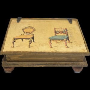 Vintage Jewelry Trinket Collectibles Decoupage Wooden Box Antique Chairs Design 1970s