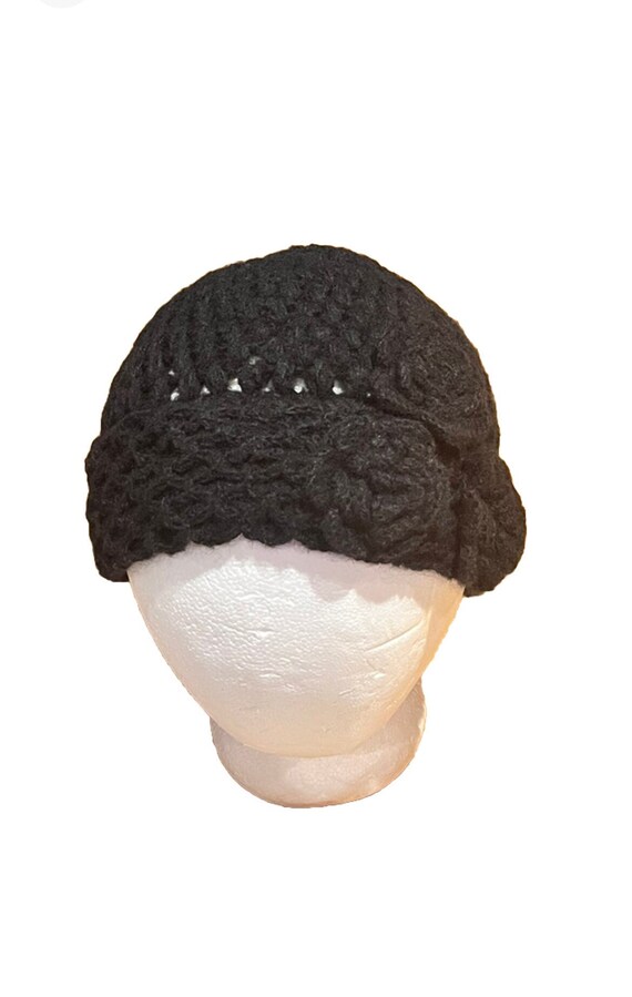 Vintage Frank Olive Black Knit Cloche Hat With Knit Flower  display picture 1