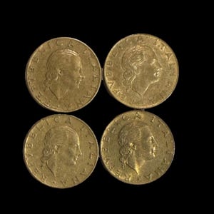 Set of 4 Rare Vintage Italian 1979 200 Lire Coins. Repubblica Italiana. Woman’s Head On One Side and Gear  Symbolizing Work on the Other