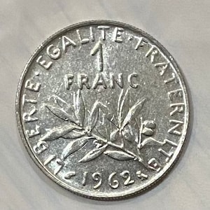 Vintage French One Franc 1962 Coin