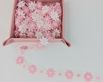 5 yardas de cintas de encaje bordado rosa margarita y blanco para costura, adorno floral para costura, accesorios de costura