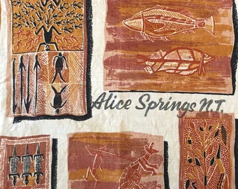 Vintage 100% Linen HEIL Tea Towel Australian Aboriginal Bark Paintings Alice Springs