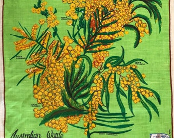 Vintage Pure Linen Tea Towel Handprinted  Australian Wattle