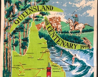 Vintage Linen Tea Towel Queensland Centenary