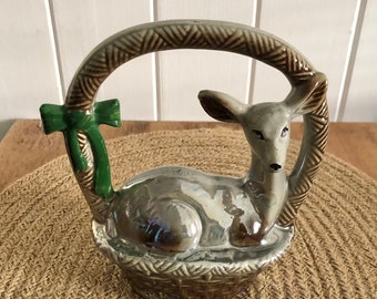 Vintage Ceramic Deer in Basket Figurine, made in Brazil