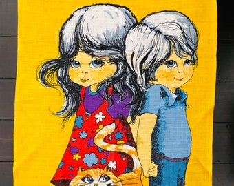 Vintage Pure Linen Tea Towel Doe eyed kids & cat