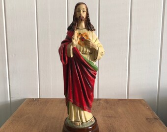 Vintage Jesus Statue Religious Figurine Wooden Base, made in Italy