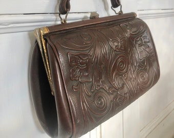 Vintage Gold Crest Brown Faux Leather Handbag Floral Embossing, made in NSW Australia