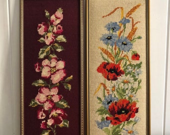 2 Vintage Framed Floral Cross-stitches - Both included