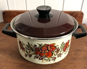 Vintage Brown Floral Enamelware Saucepan with lid