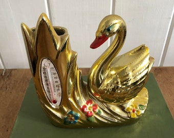 Vintage Gold Ceramic Swan Thermometer Planter