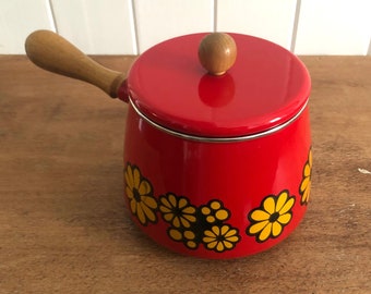 Vintage Red Floral Enamelware Fondue Pot Saucepan