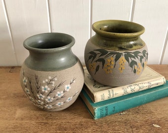 Two Small Handpainted Pottery Vases Wildflowers Wattle