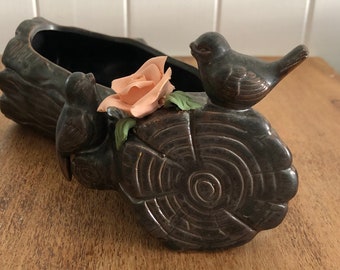 Vintage Ceramic Black Ceramic Log Planter with Birds & Pink Rose