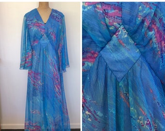 Vintage SIZE 8AU/4US Blue Purple Splash Chiffon Party Dress with Butterfly Sleeves