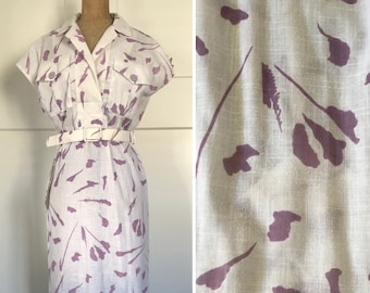 Vintage SS Dress Size 10 Susan Parsons Short Sleeve White Purple Print Belt
