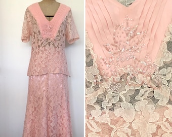 Vintage Dolina Skirt & Blouse Set Size 12 Pink Lace Beaded Decal