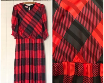 Vintage Red& Black Plaid Size 14 Dress, Sheer Polyester VGC