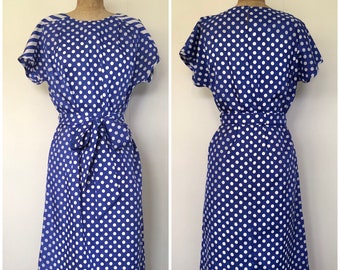Vintage Kenwall Size 10 Blue Polka Dots/Stripes Dress|Short Raglan Sleeves