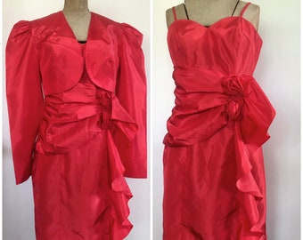 Vintage Red Taffeta Size 12 Dress & Bolero