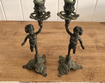 Pair of Vintage Brass Cherubs Candle Stick Holders