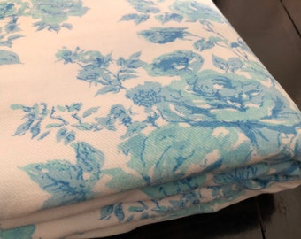 Vintage Blue Floral Flannelette Double Bed Flat Sheet