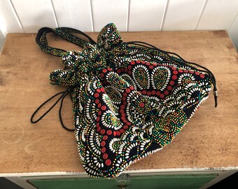 Vintage Black Cloth Beaded Drawstring Bag