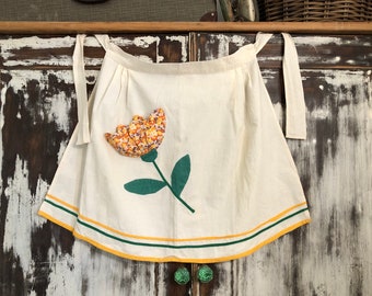 Vintage Calico Homemade Apron with floral appliqué