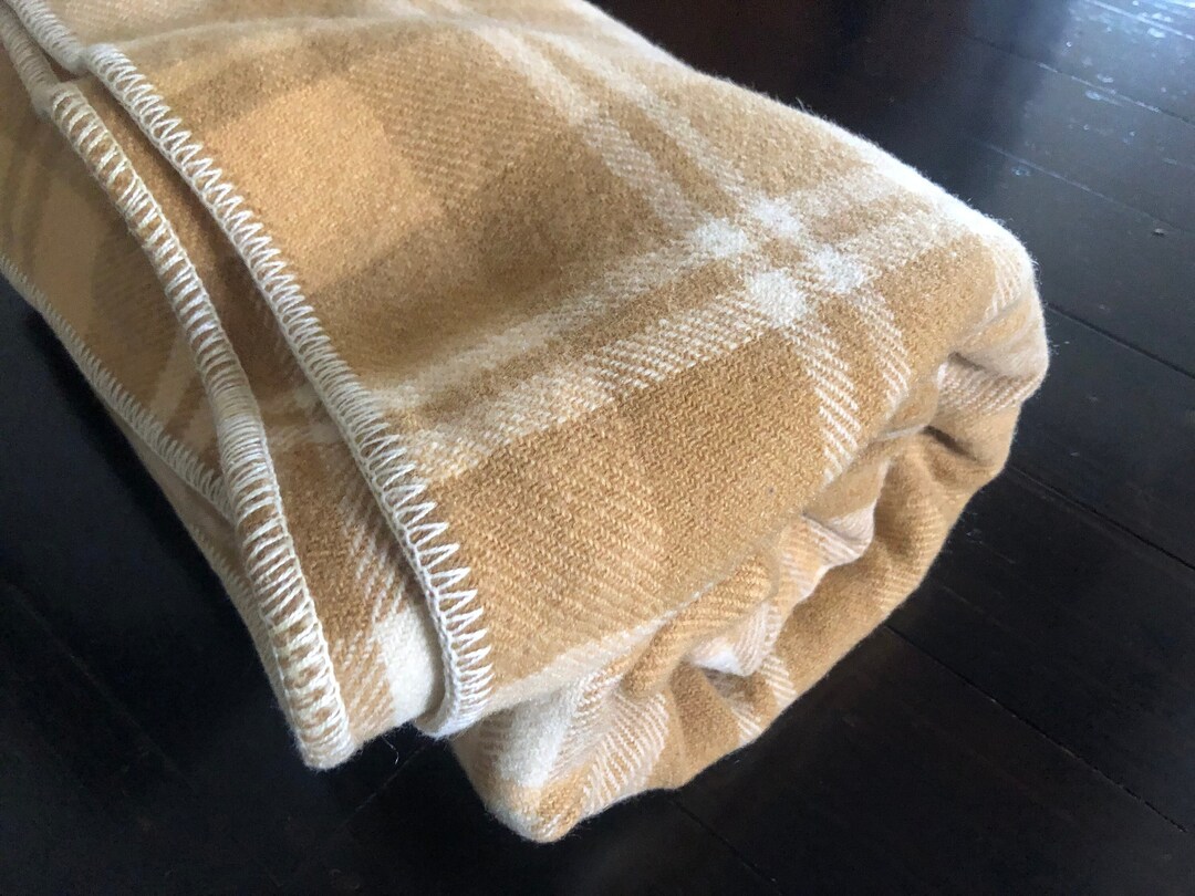 Vintage Double Bed Wool Blanket Beige Plaid Etsy Australia