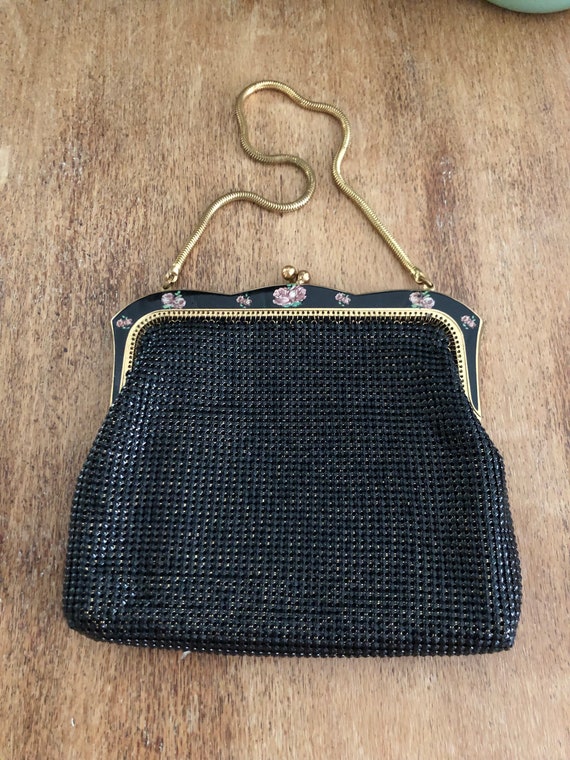 Vintage Black Mesh Oroton Handbag with rose decal… - image 5