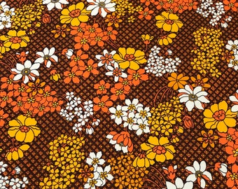 Vintage Polyester Knit Fabric Floral Brown Orange Yellow