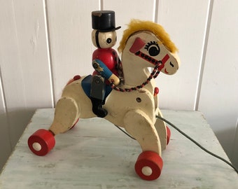 Vintage Wooden Horse & Soldier Pull-along Toy