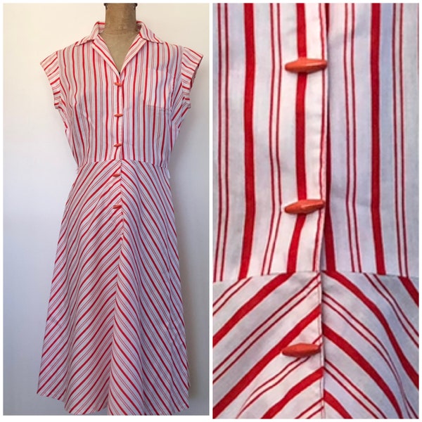Vintage SIZE Red Candy Stripe Dress Cotton Cap Sleeves