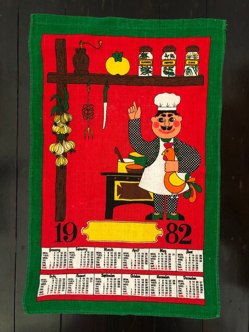 Vintage Cotton Tea Towel / 1982 Cooks Calendar / made in Brazil image 1