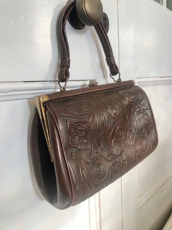 Vintage Gold Crest Brown Faux Leather Handbag Floral Embossing