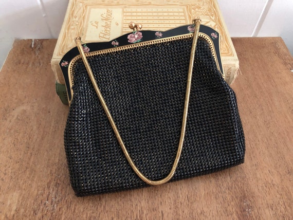 Vintage Black Mesh Oroton Handbag with rose decal… - image 1