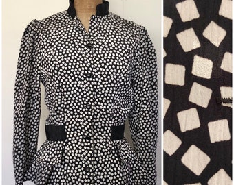 Vintage 80’s Black & White Blouse Size 10 Cue Design Polka Squares