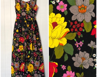 Vintage Size 12 Floral Sleeveless Maxi Dress Cotton Barkcloth
