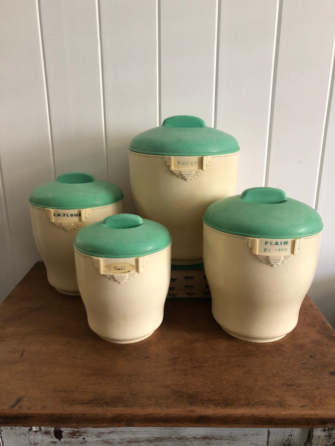Vintage Bristolite Art Deco Green Bakelite Kitchen Canisters Set of 4