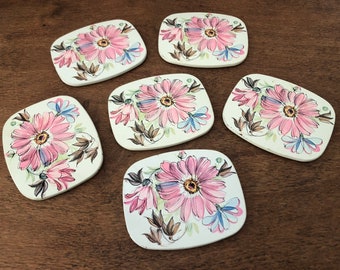 Set of 6 Vintage Pink Floral Cocktail Mats Coasters Worcester Ware Made in England