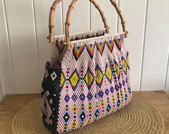 Vintage Plastic Woven Bead Tote Bag with Bamboo Handles