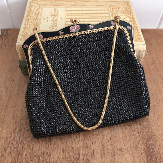 Vintage Black Mesh Oroton Handbag with rose decal… - image 2