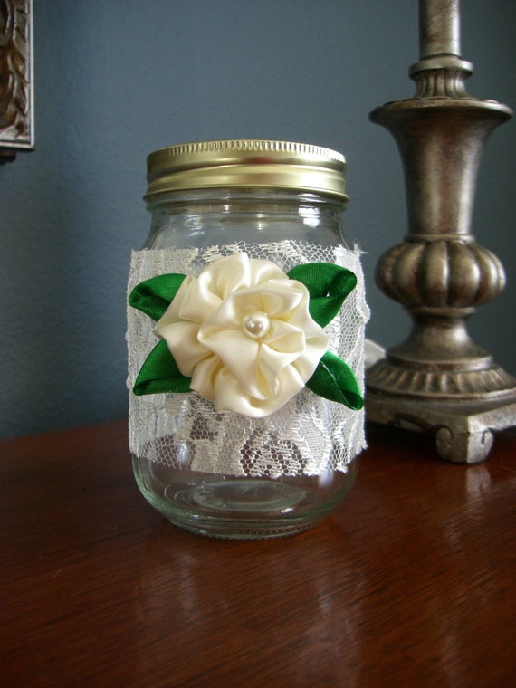 Items similar to Cottage Chic Mason Jar, Shabby Chic Mason Jar