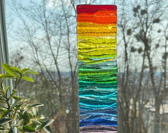 Fused glass rainbow suncatcher,  window glass decor, rainbow art glass, decor for windows, fused Glass art, light catcher, handcrafted glass