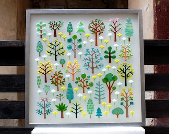 Arte mural de vidrio fundido: Escena de bosque primaveral, decoración natural para el hogar (56 cm)